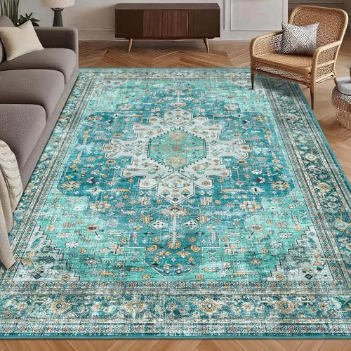 Washable Area Rug 6' x 9' Vintage Traditional Persian Mat - Foldable Distressed Non-Slip Machine Washable Carpet for Living Room Bedroom Kitchen Home Decor - Teal and Gold