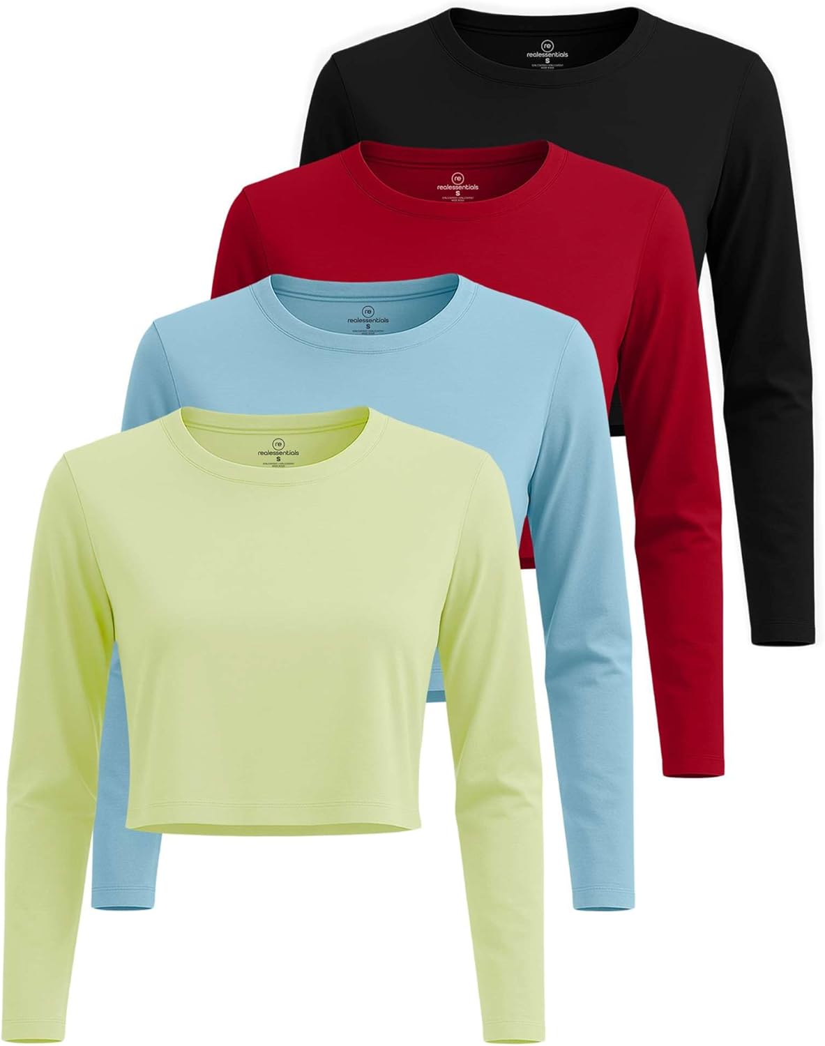 Real Essentials 4 Pack: Women's Cotton Long Sleeve Crew Crop Top - Casual Cropped T-Shirt (Available in Plus Size) plus-size 2X Set 6