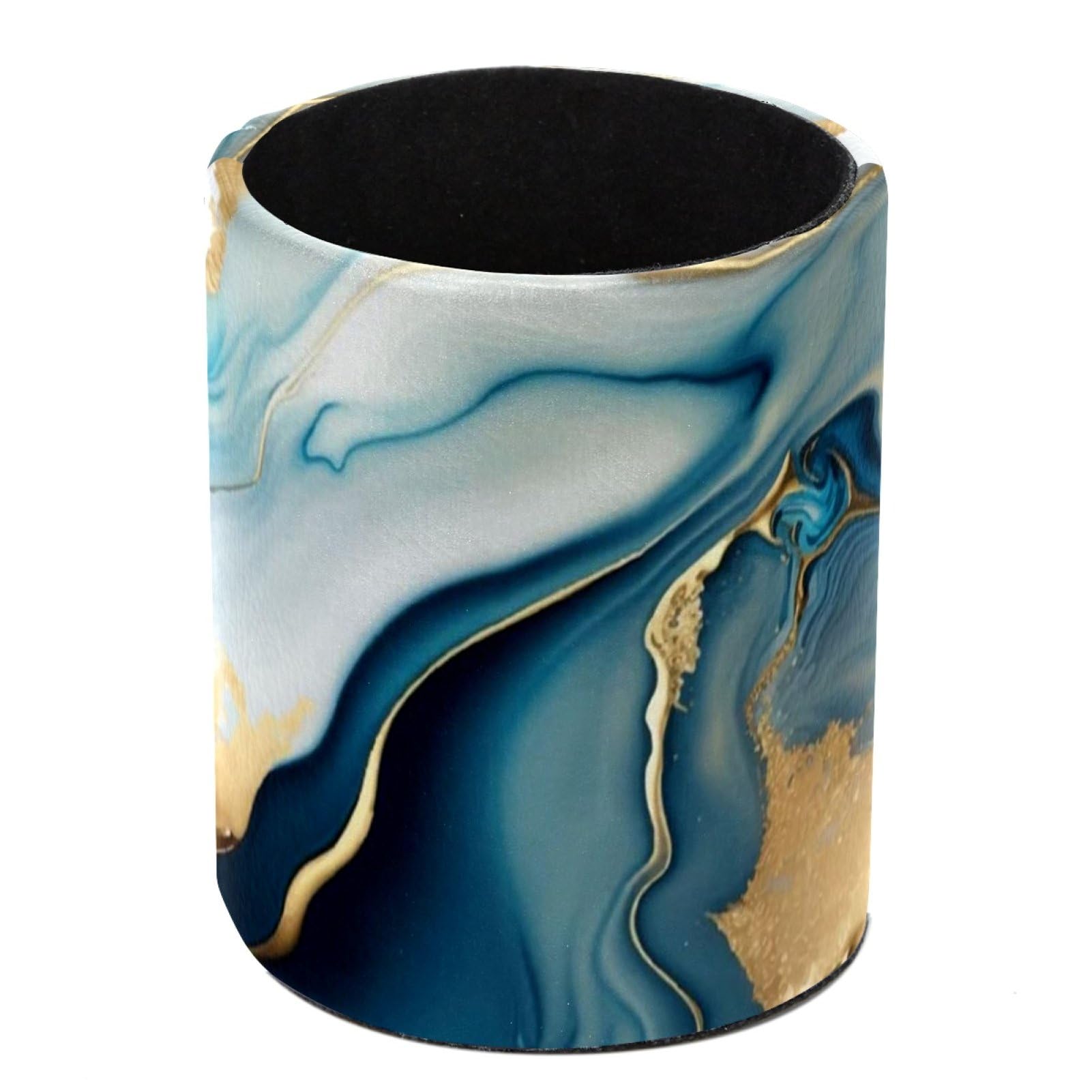 Luoweisi Blue Gold Marble Pen Holder for Desk, Leather Pen Pot, Desk Pencil Holder Round Makeup Organiser Home Office School Suppliers