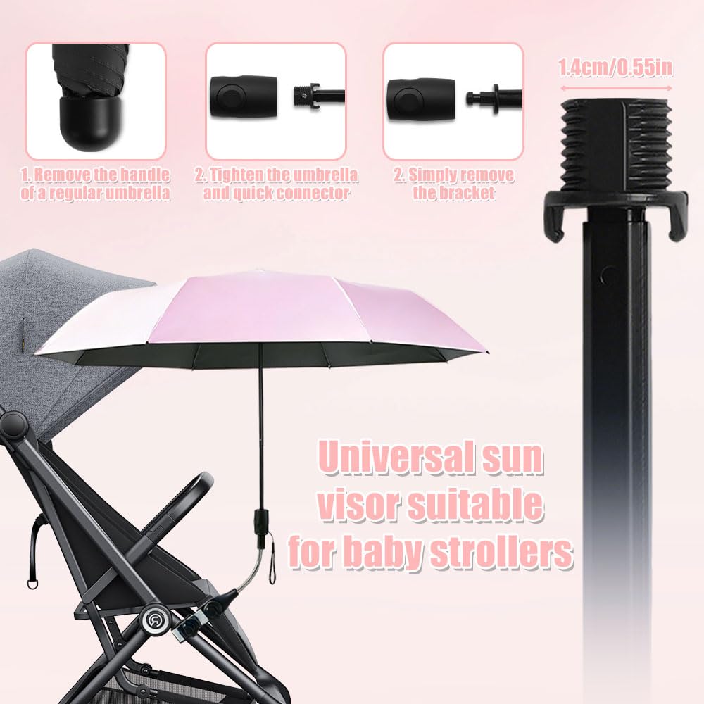 Universal Sonnenschirm für Kinderwagen UV Schut, UPF 50+ Sonnenschutz Regenschirm mit 360° Flexibler Universalhalterung, 96 cm Kinderwagen Regenschirm für Kinderwagen und Buggy, Rosa