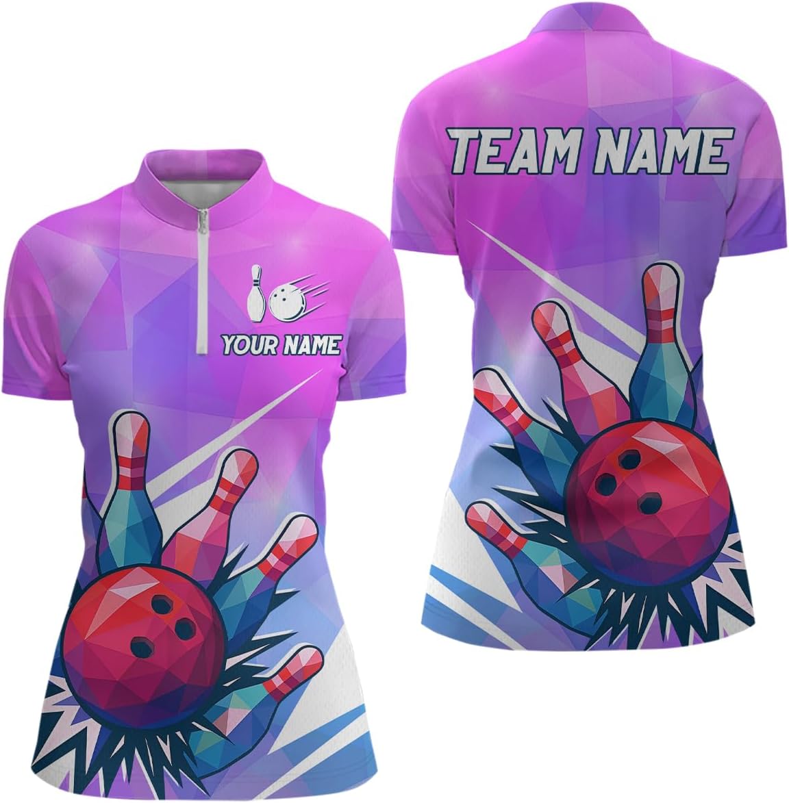 Low Poly Purple Bowling Shirts for Women Men Custom Bowling Jersey Team Bowling Polo and Quarter Zip Shirts for Bowlers
