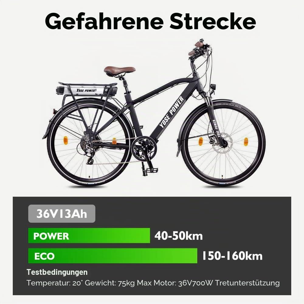 E-Bike Batterie 36V 13Ah Li-ion Akku Gepäckträgerbatterie mit Ladegerät, Passend für 26"/27,5"/28" V-Brake 250W-800W Elektrofahrrad NCM, Hamburg, Munich(36V 13Ah Batterie ohne Gepäckträger)