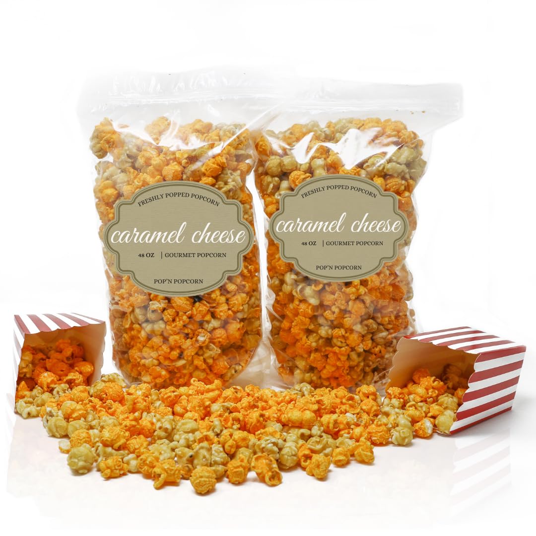 Pop’N Popcorn Caramel and Cheddar Cheese Popcorn Mix - 48 oz Sweet and Salty Pop Corn - Freshly-Popped and Comes in Resealable Bag