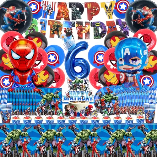 101 peças de louça de festa de super-heróis, decoração de aniversário, suprimentos de decoração de festa de super-heróis, pratos, boné de aniversário, toalha de mesa, guardanapos, número 6