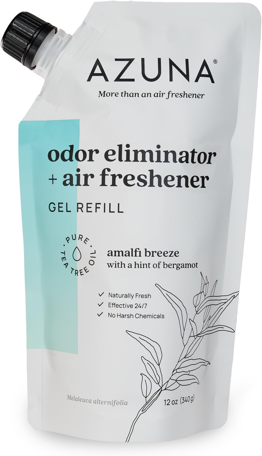 AzunaAll-Natural Odor Remover Gel Refill Pouch | Air Purifier with Tea Tree Oil | Plant-Based & Long Lasting | For Pet Odors, Smoke & Strong Odors | Amalfi Breeze, 12 oz.