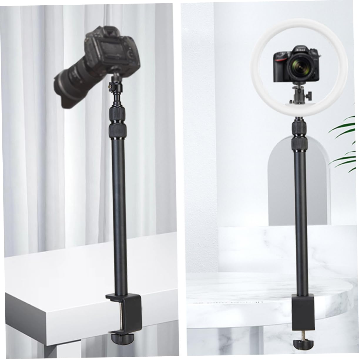 NUOBESTY Supporto da Scrivania per Camera Filettatura 1/4 in Alluminio Nero | Snodo Sferico, Asta Telescopica 38, 5-93, 5cm, Rotazione 360°, per Proiettore e Anello Luminoso
