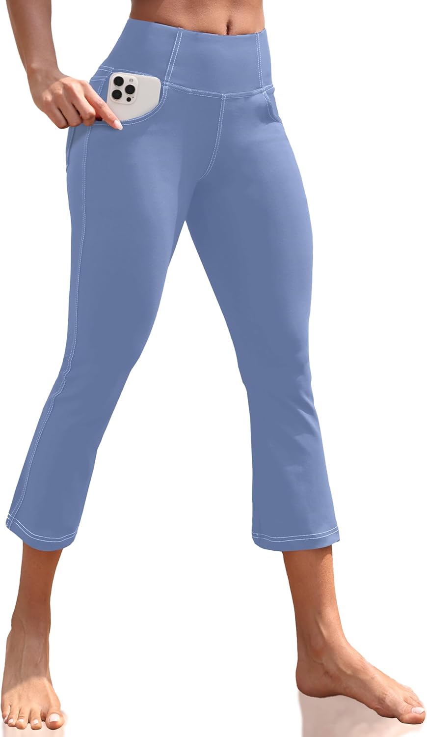 VOOVEEYA Women's Capri Leggings, Yoga Capris Pants with Pockets Stretchy Crop Pants High Waisted Straight Leg 21"