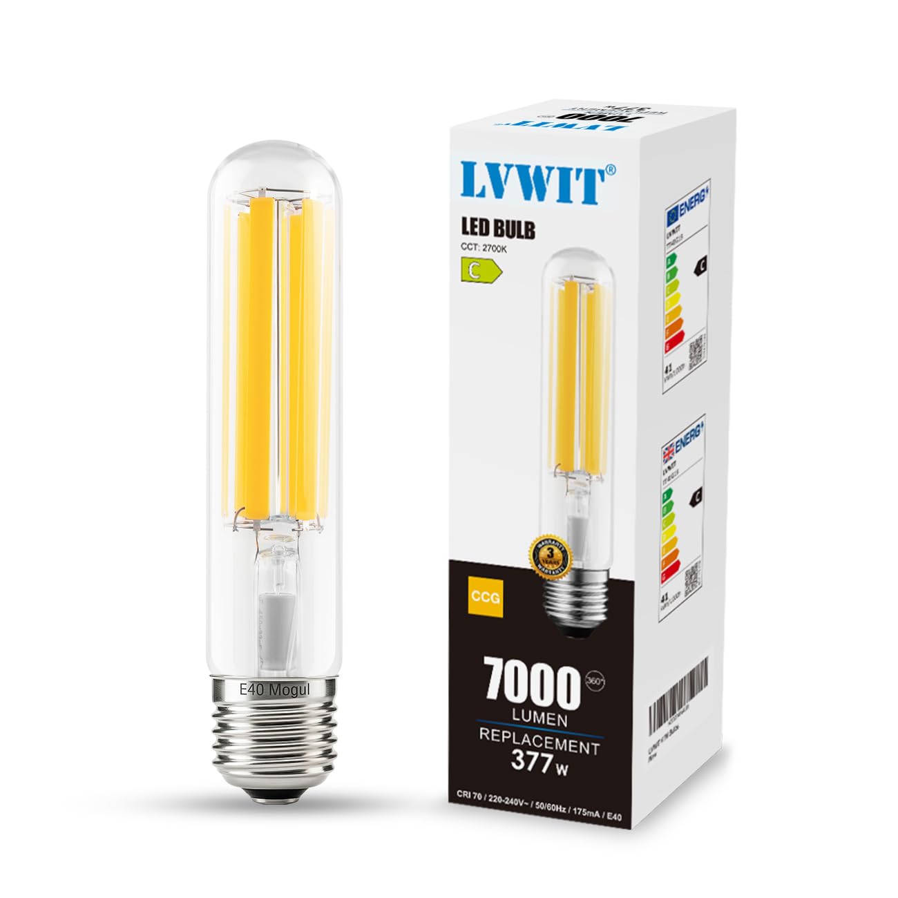 Lvwit Warm White 41W Led Light Bulbs,T46 E40 Edison Filament Screw Bulb,2700K ,377W Incandescent Bulbs Equivalent,E40 Large Edison Screw,