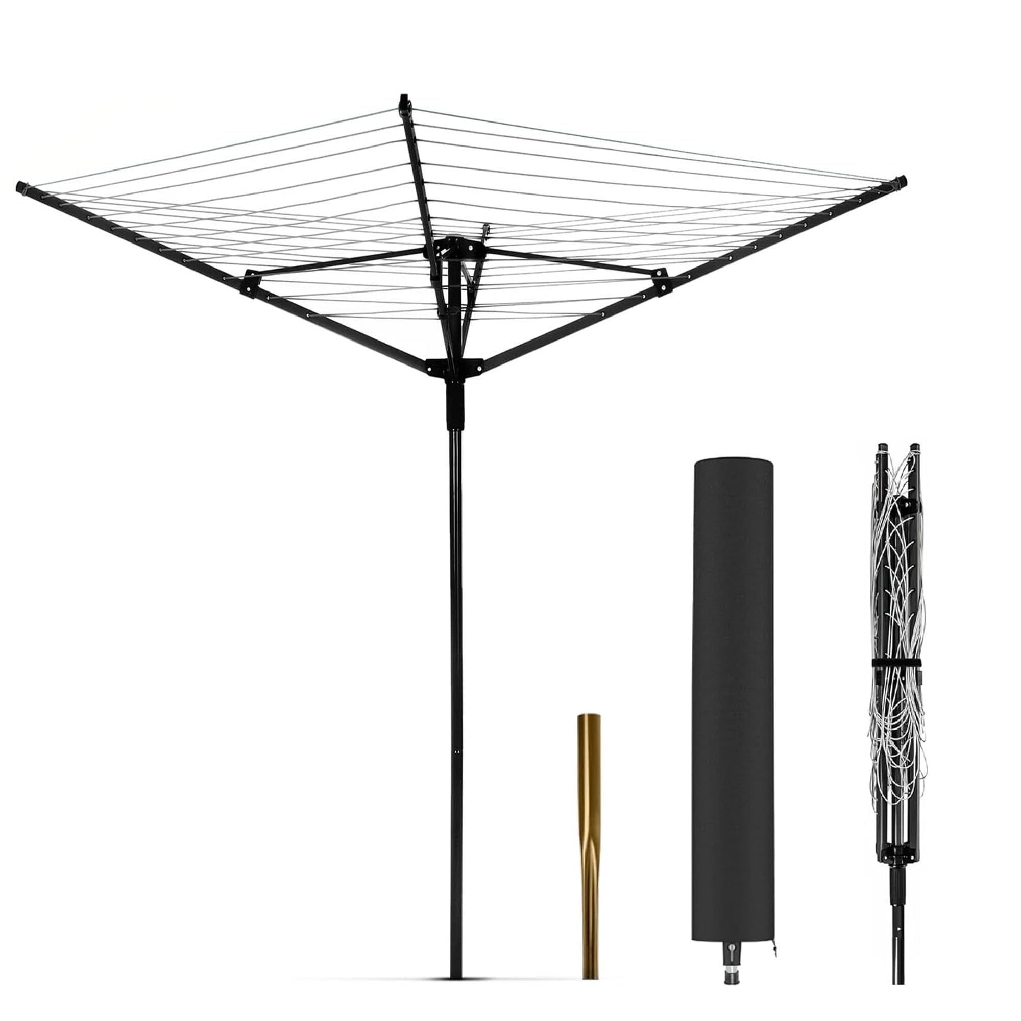 MYOYAY Wäschespinne Draußen, Faltbare 4-armig Wäscheständer mit Bodenhülse | Wäscheständer Wäschespinne für Garten große xxl Wäscheschirm mit Schutzhülle, 50m PVC Wäscheleine, Schwarz