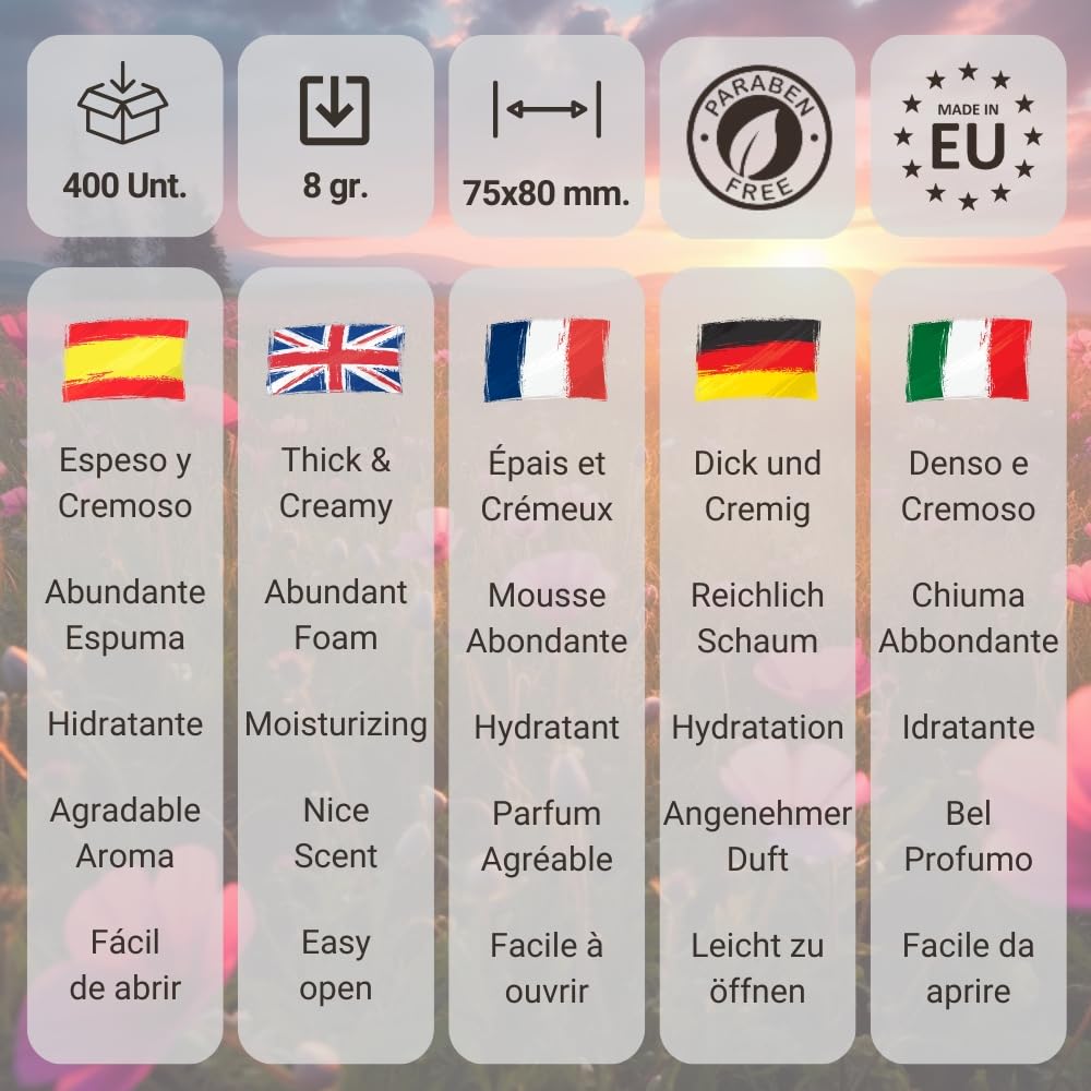 GPQ – Duschgel/Shampoo 2in1 ROSE PETALS 8 g | 400 Stk. | 90 % Natural Origin | Amenities mit Conditioner, Ohne Parabene | Hotel, B&B, Landhaus, Camping, Kreuzfahrt… | Made in EU