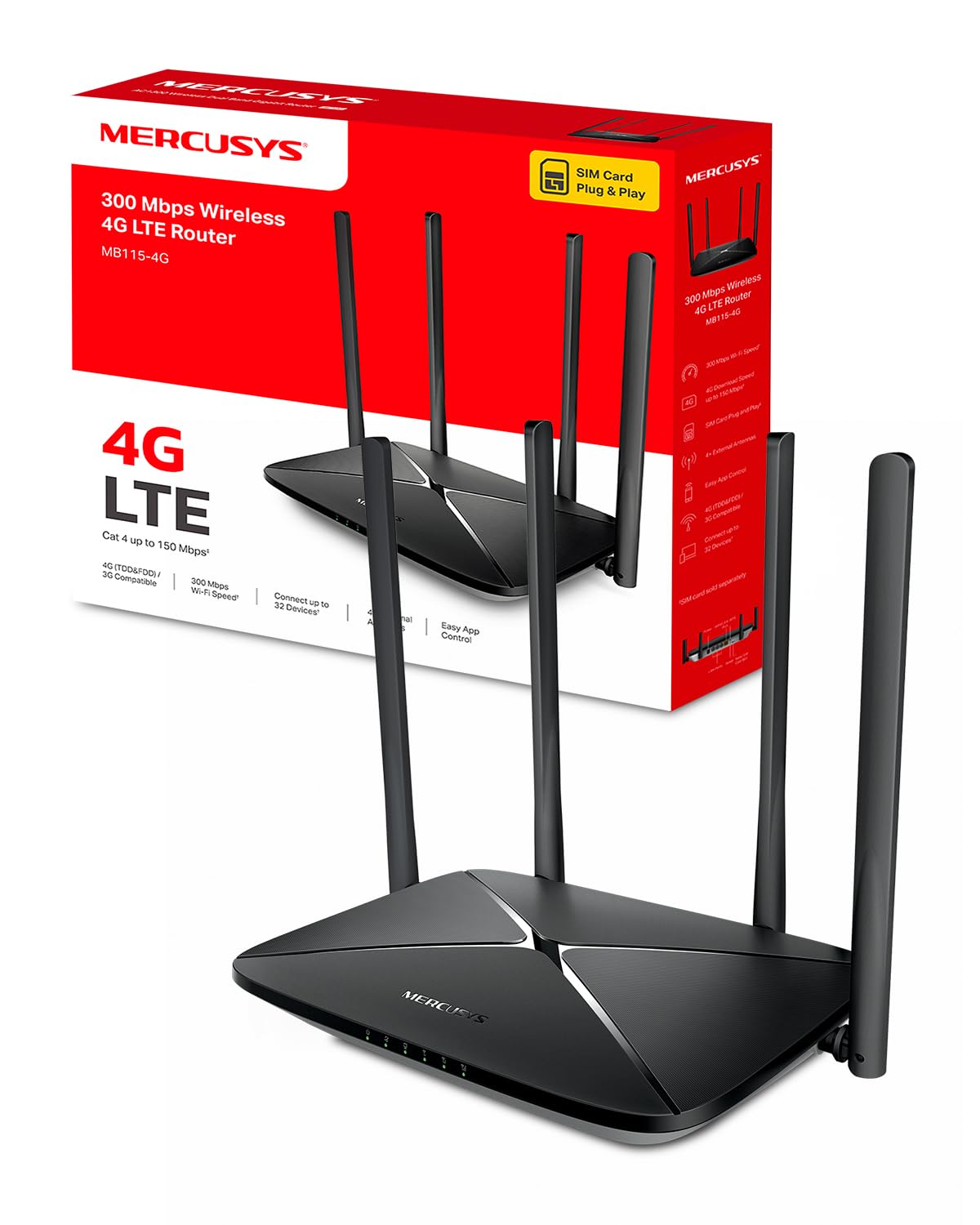 Mercusys MB115-4G Routeur 4G LTE WiFi 300 Mbps 2.4 GHz Carte SIM Nano 4 Antennes