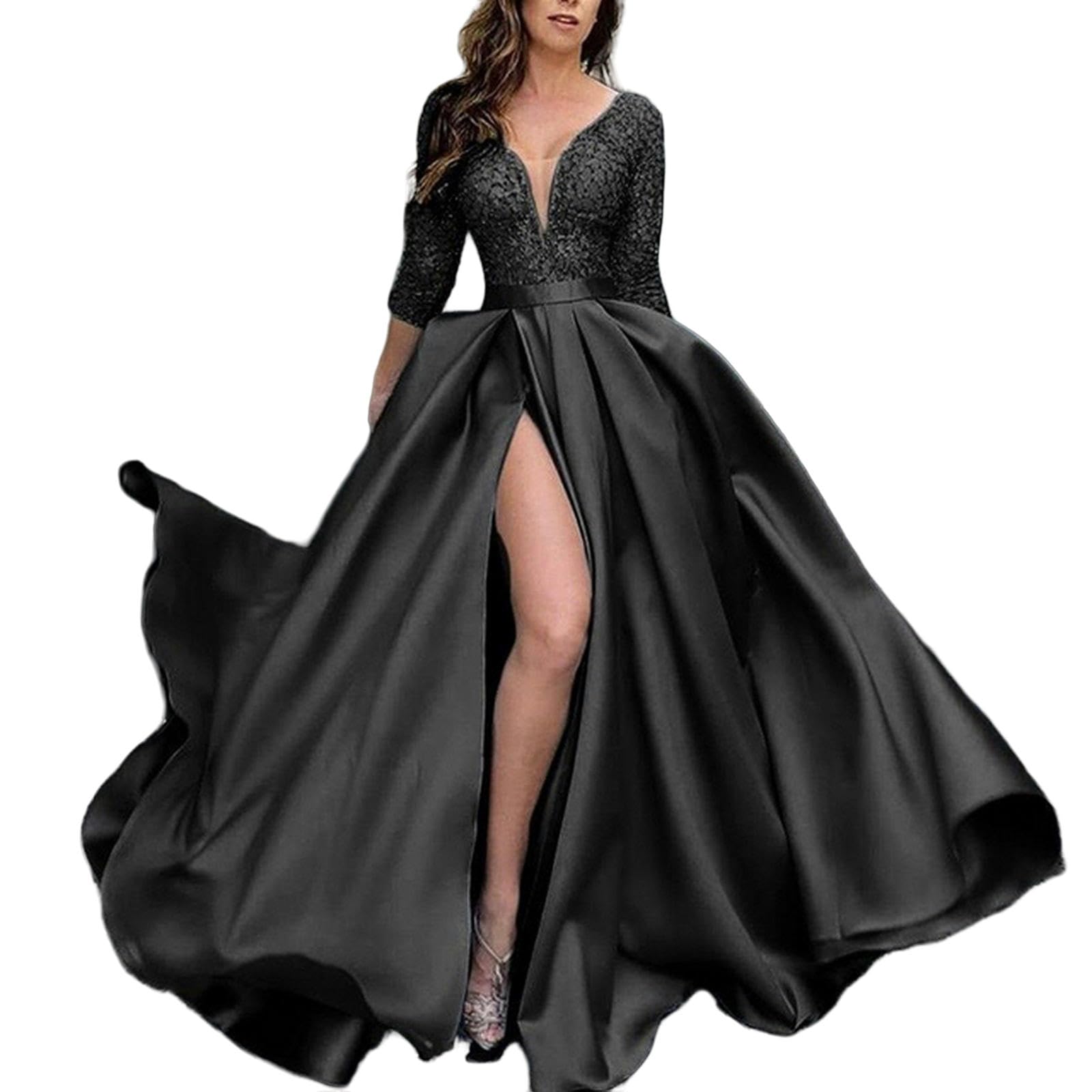 MdybF Letnie Sukienki Damskie Eleganckie Długie Suknie Ślubne Imprezowe Lady Satin V-ECK Długa Spódnica Tail