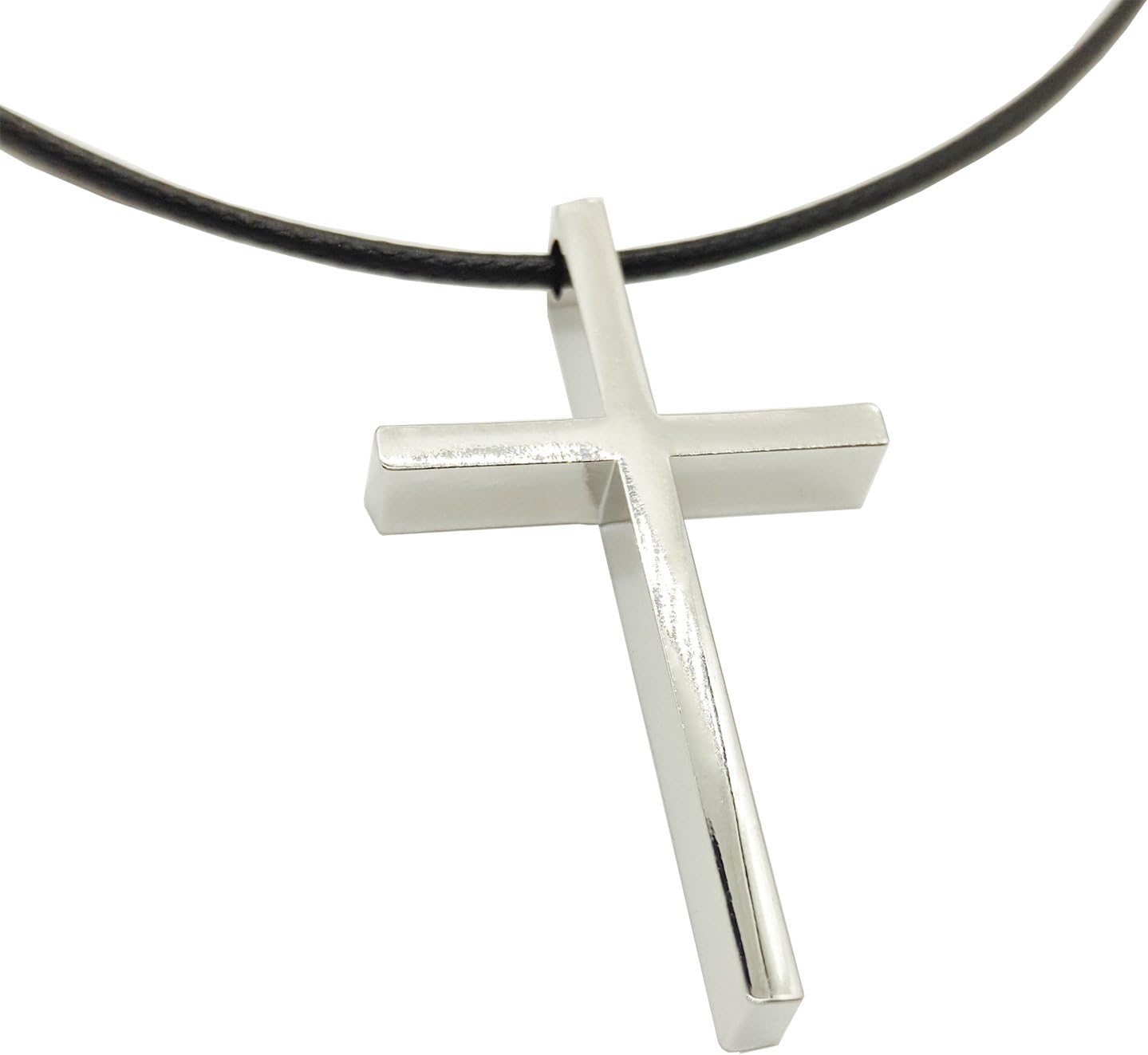 Woodcovo Small Simple Stainless Steel Cross Pendant 18 Inch Black Leather Necklace Cord