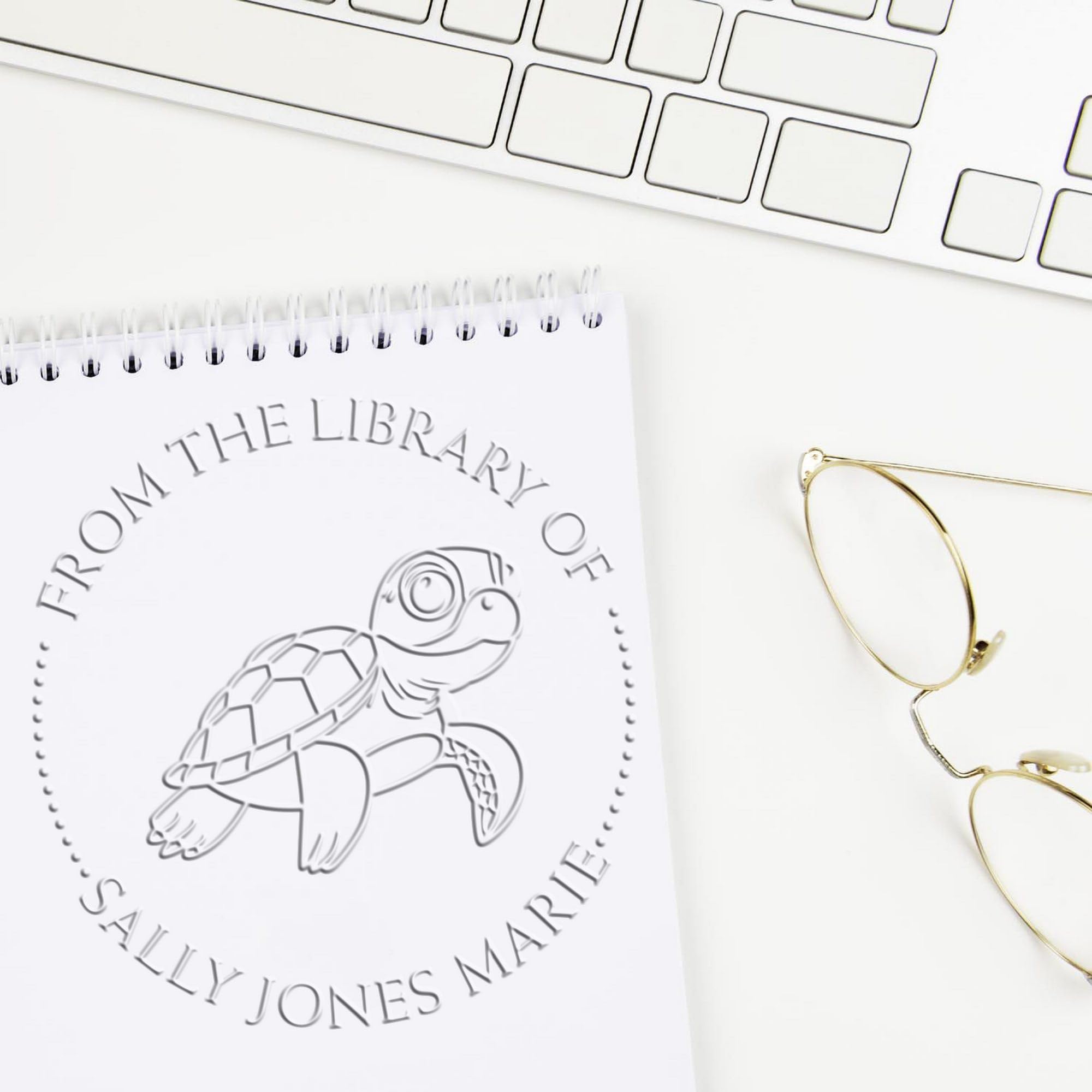 Custom Library Collection Embossing Stamp, Hybrid Friendly Turtle Design, Personalized Book Label Embosser, Available in Pink or Black Handle Options, Ideal for Reading Enthusiasts, 1-5/8 Round Seal