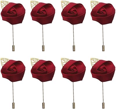 Yoanshop 8 Pieces Groom Boutonniere Wedding Buttonholes Gold Leaf Pin Silk Rose Flowers for Men Homecoming Prom Suit Accessories Decoration (Wine Red)