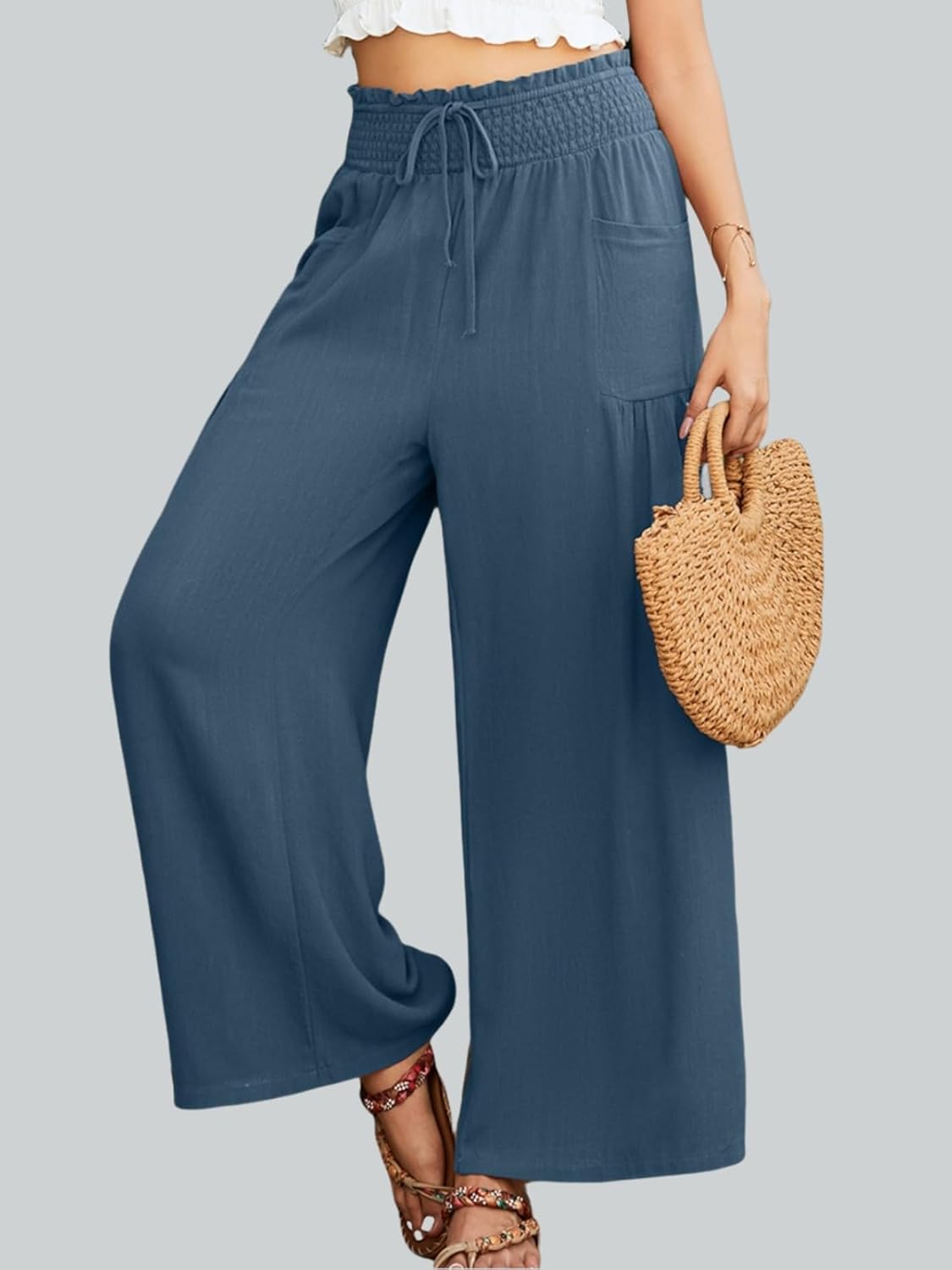 Linen Palazzo Pants for Women Wide Leg High Waist Casual Loung Trousers Beach Travel Vacation Harem Pants with Pockets - Image 2