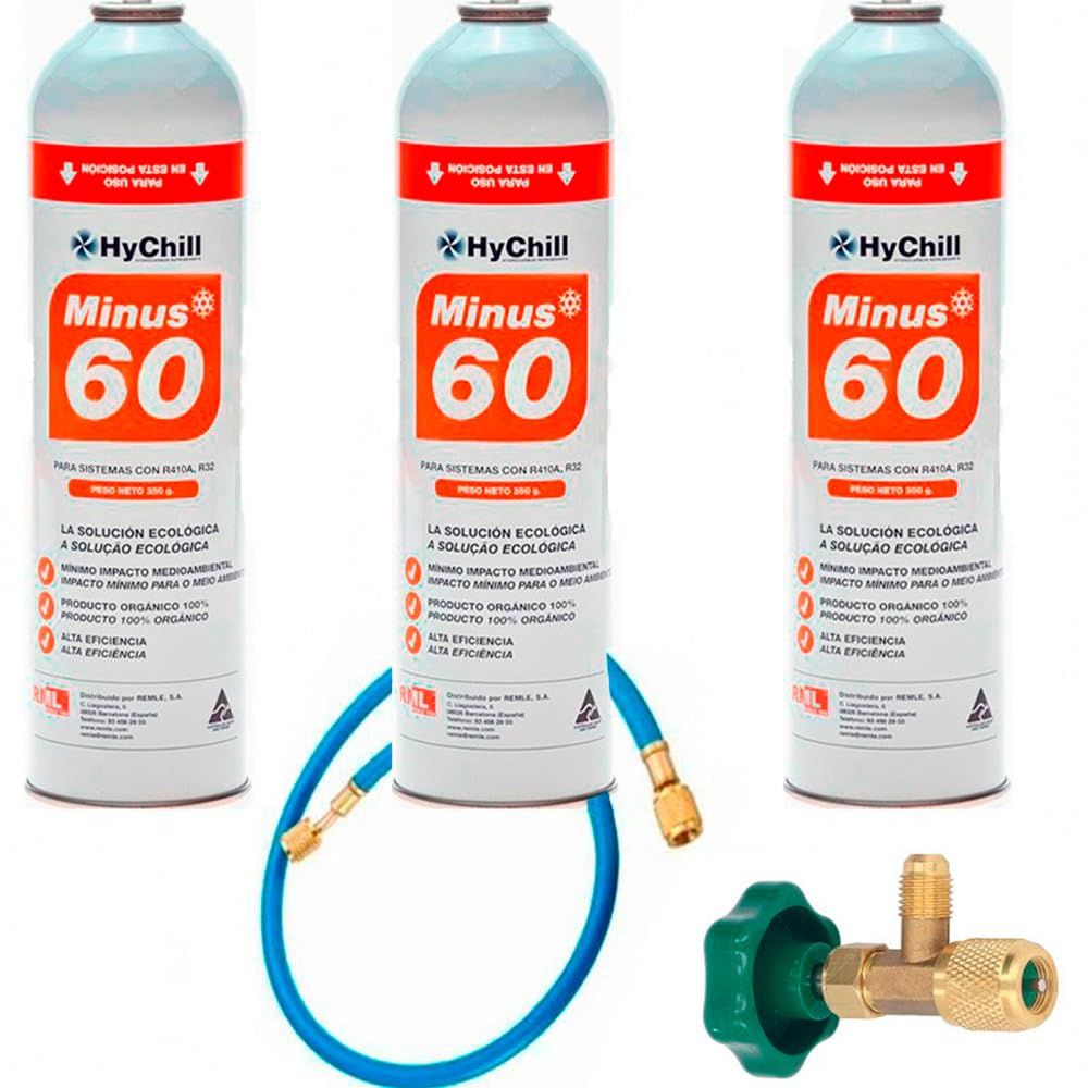 REPORSHOP - 3 Botellas Gas Minus 60 350Gr + Valvula + Manguera Sustituto R32, R410A Freeze Organico
