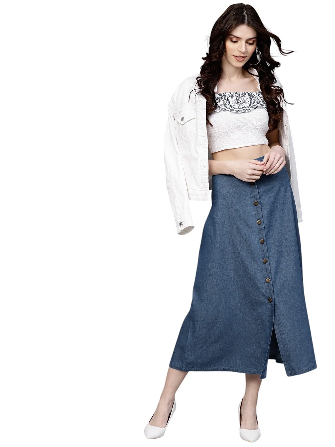 sassafras Women Denim Longline Buttoned Skirt-picture-39