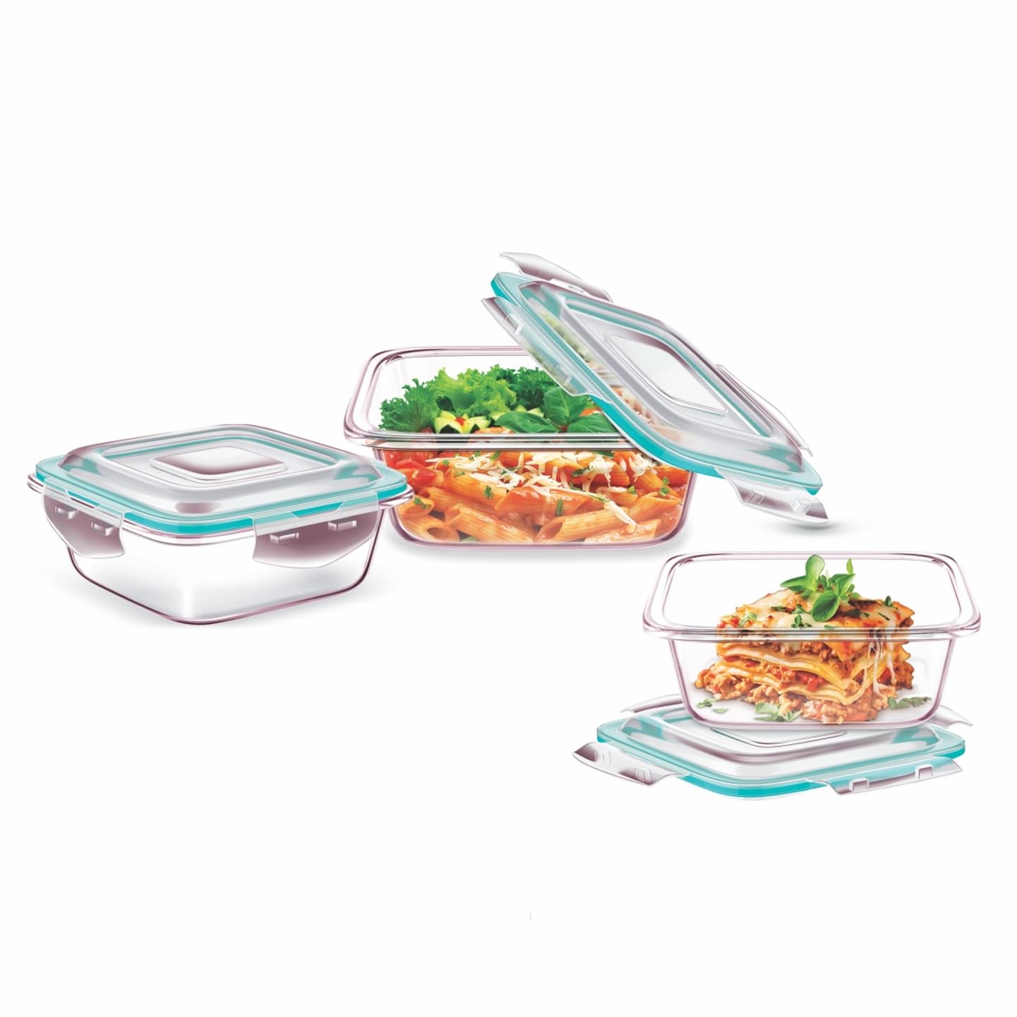 SIGNORA WARE Lock 'N' Store High Borosilicate Bakeware Safe Glass Container Square (320Ml+520Ml+800Ml), Set Of 3, Transparent