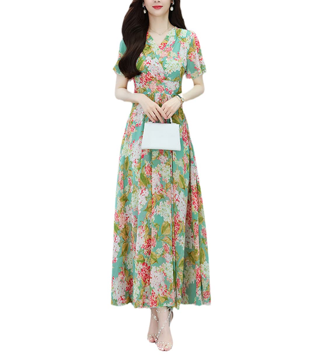 Abito estivo da donna, lungo, in chiffon, floreale, con scollo a V, per feste