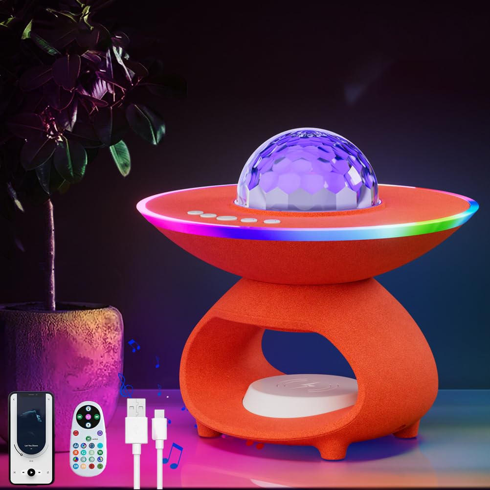 Proiettore cielo stellato Lampada da tavolo LED Smart con telecomando 15W Caricabatterie wireless e USB - Ricaricabile Lampada d'atmosfera con Bluetooth - Altoparlante Proiettore stellare RGB,Arancia