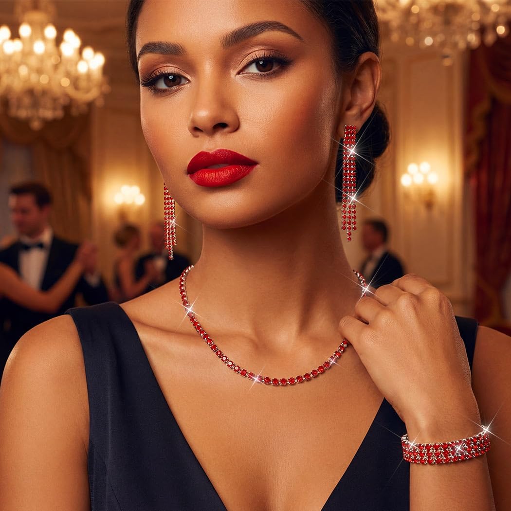 Aukmla Rhinestone Wedding Jewelry Sets Silver Choker Necklaces and Earring Bracelet Set Prom Jewelry for Brides and Women - Image 7