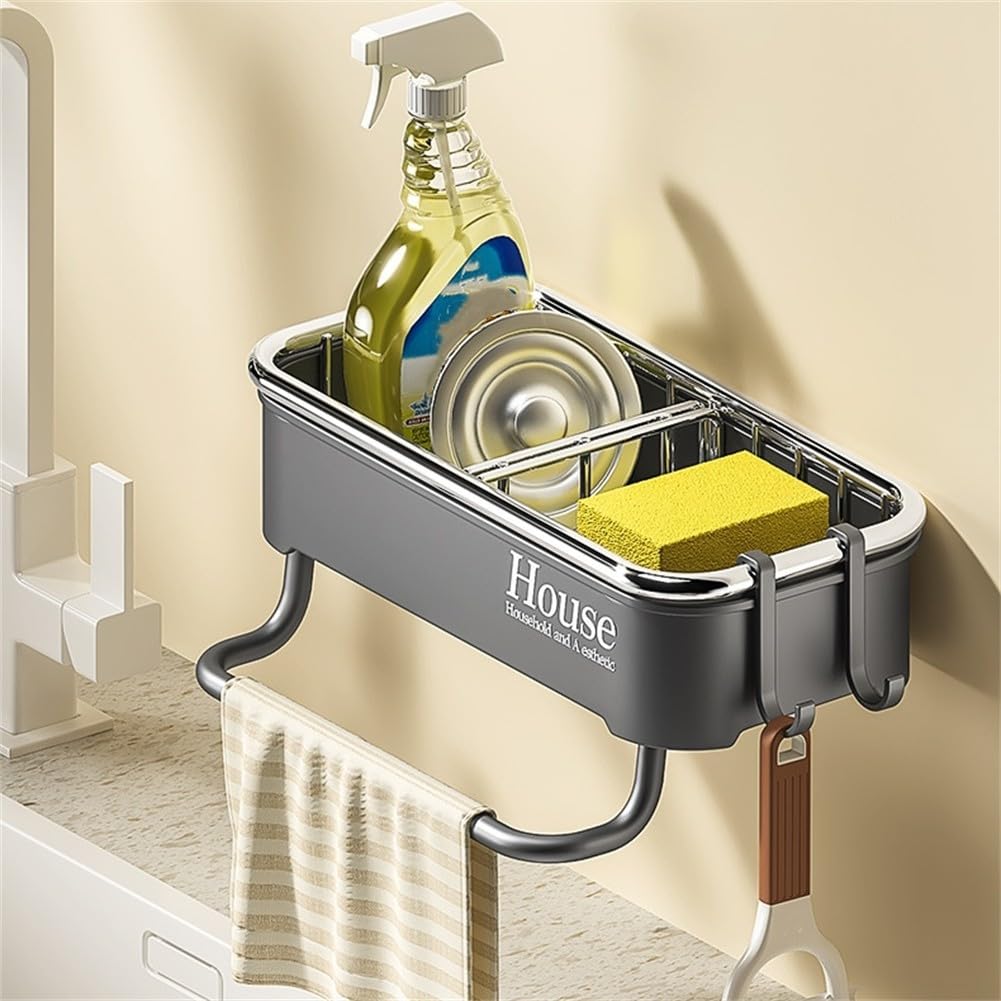 Wall Mounted Self-adhesive Sponge Soap Holder, Kitchen Sink Organizer, Multifunctional Bathroom Kitchen Sink Holder(Grey)