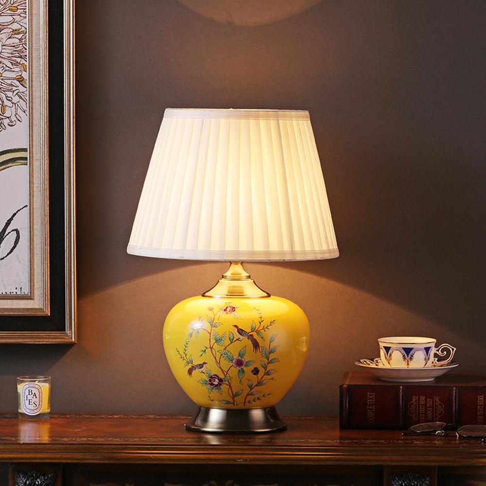 SANBDDLYY Charming Blue Ceramic Table Lamp Floral Design - Retro Mid Century Nightstand for Bedroom, Living Room, and Office(Yellow,Fabric Shade)