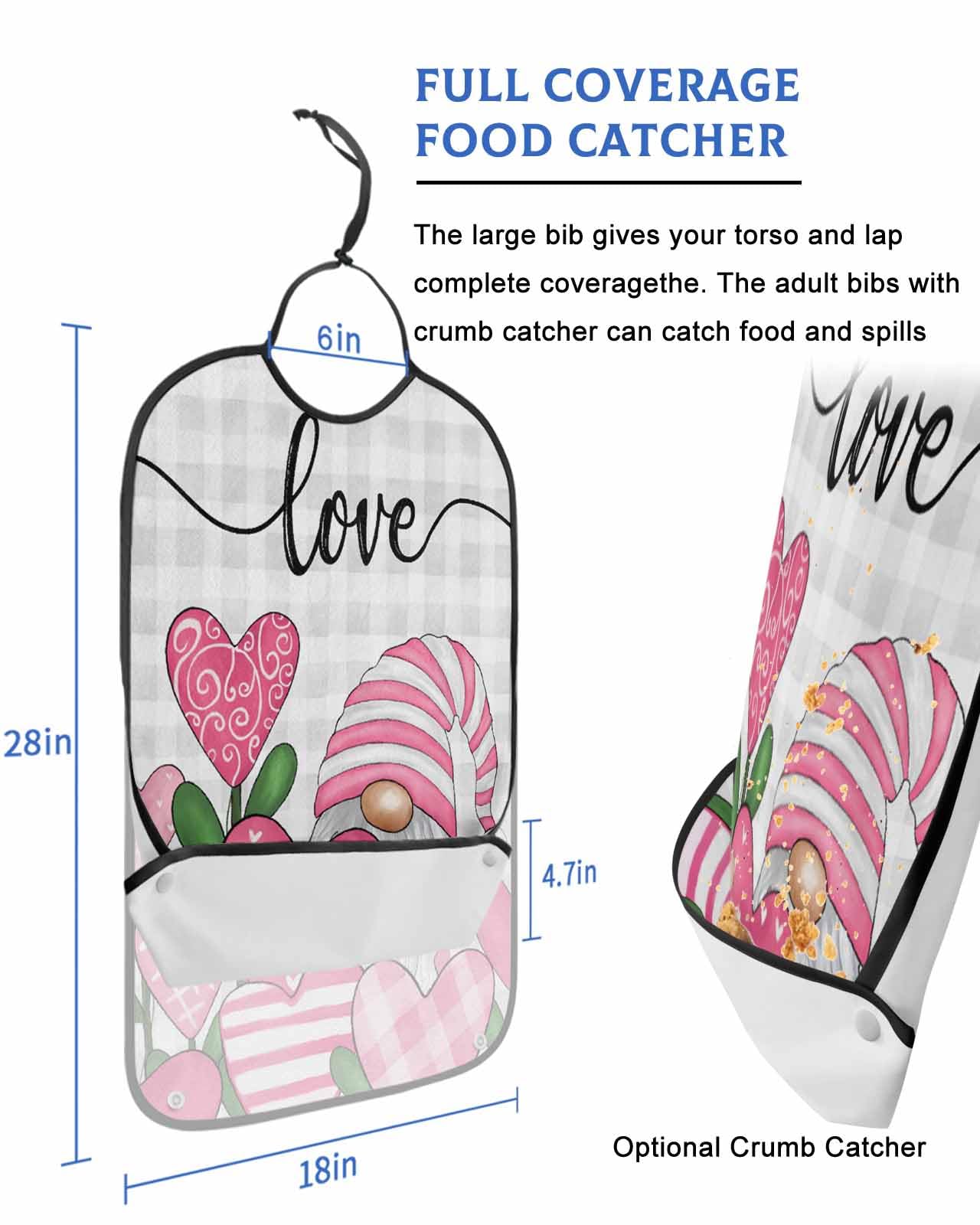 LEOKOTI Pink Gnomes Valentines Adult Bibs for Eating, Waterproof Bibs with Food Catcher & Adjustable Snap Closure, Grey Plaid Teal Botanical Washable Clothing Protectors Adult Bibs for Elderly