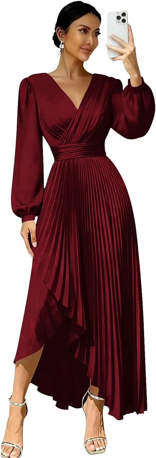 Long Sleeve Bridesmaid Dresses for Women Pleated Formal Evening Party Wedding Gown