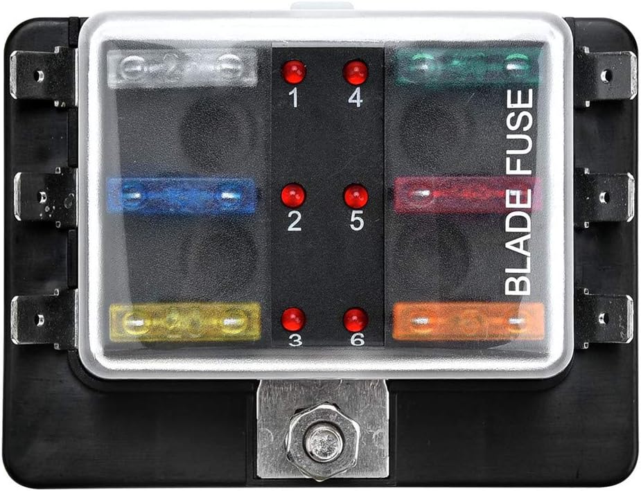 Qiorange 6 Way Blade Fuse Box Holder with LED Warning Light Kit + 6 Pcs Free Fuse for Car Boat Marine Trike 12V-24V (6 Way)