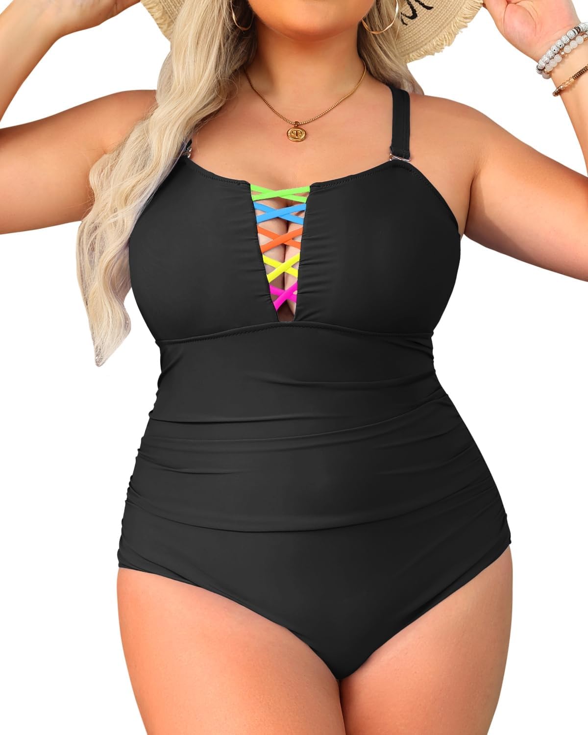 Women Plus Size One Piece Swimsuits - Tummy Control Bathing Suits Lace-up | Removable cups, Full coverage butt, Sleek profile via gathered panel, Secure fit via metal sliders