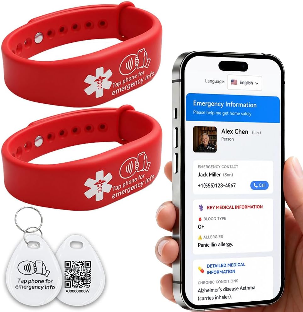 Family Safety Kit,2 Pcs Medical ID Emergency Bracelets NFC tap Wrist Bands for Elderly Diabetes Autism,1 pc cat Dog id QR Code Tags Personalized for Pets Customizable Contact info Profile
