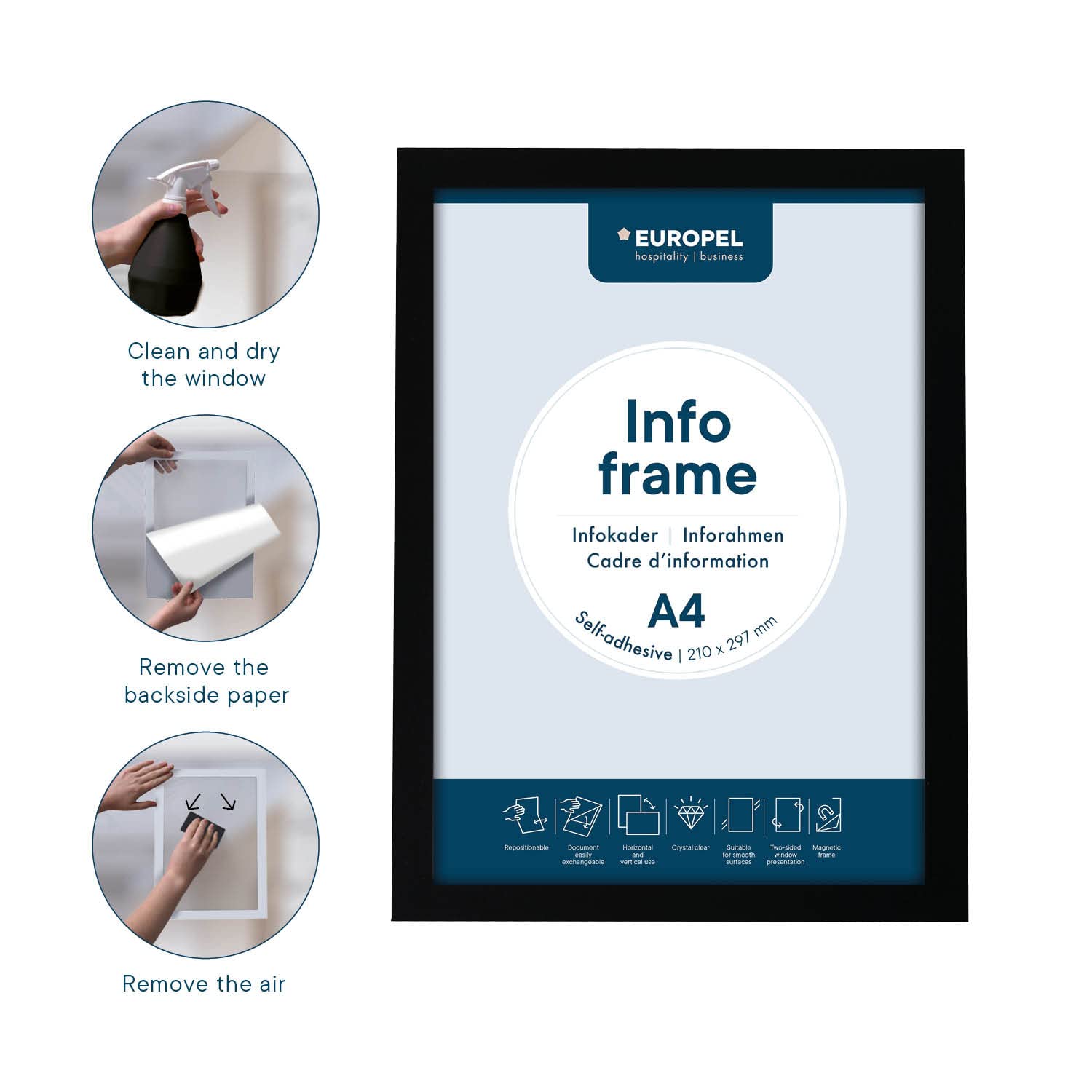 EUROPEL Samoprzylepna magnetyczna ramka informacyjna z PCW, A4 czarna, zestaw 2 sztuk, łatwe odklejanie za pomocą magnesu, dwustronna, format pionowy lub poziomy, 32,5 x 23,8 cm