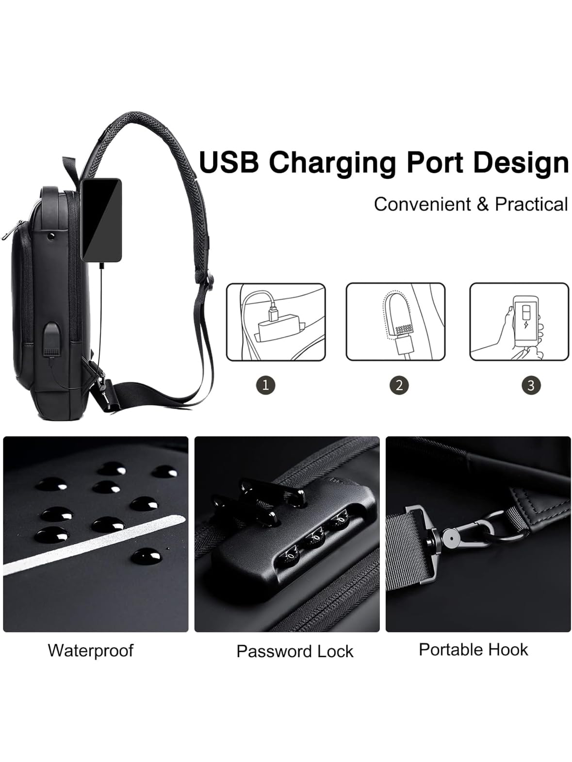 Genérico Bolso Cruzado Antirrobo para Hombre con Puerto USB, Impermeable, Ideal para Viajes, Ciclismo y Uso Diario