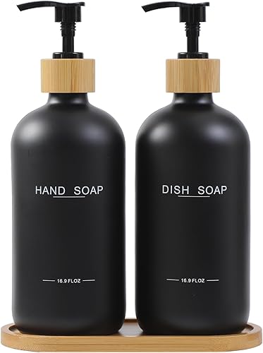 Miniatura 8 de Juego de dispensador de jabón negro, bombas y bandeja de bambú, jabón de manos y dispensador de loción, adecuado para decoración de mostrador de Hl