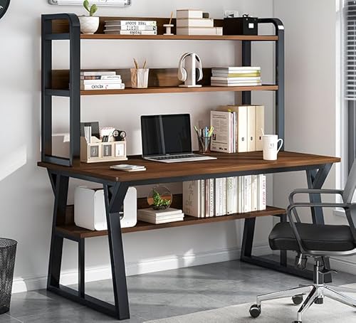 Uandhome Computer Desk,Modern Simple Office Desk Computer Table Study Desk Table with Bookshelf,Writing Desk for Home,Office & Workstations for Small Space,Simple Study Table(120 * 60 * 147.5cm)Walnut