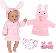 Doll Clothes for 35-43 cm Doll, Pink Baby Doll Clothes Outfits with Rabbit Motif Hooded Bathrobe 1 Slippers 1 Underwear for 14-18 Inch Newborn Baby Doll Accessories Gift Children