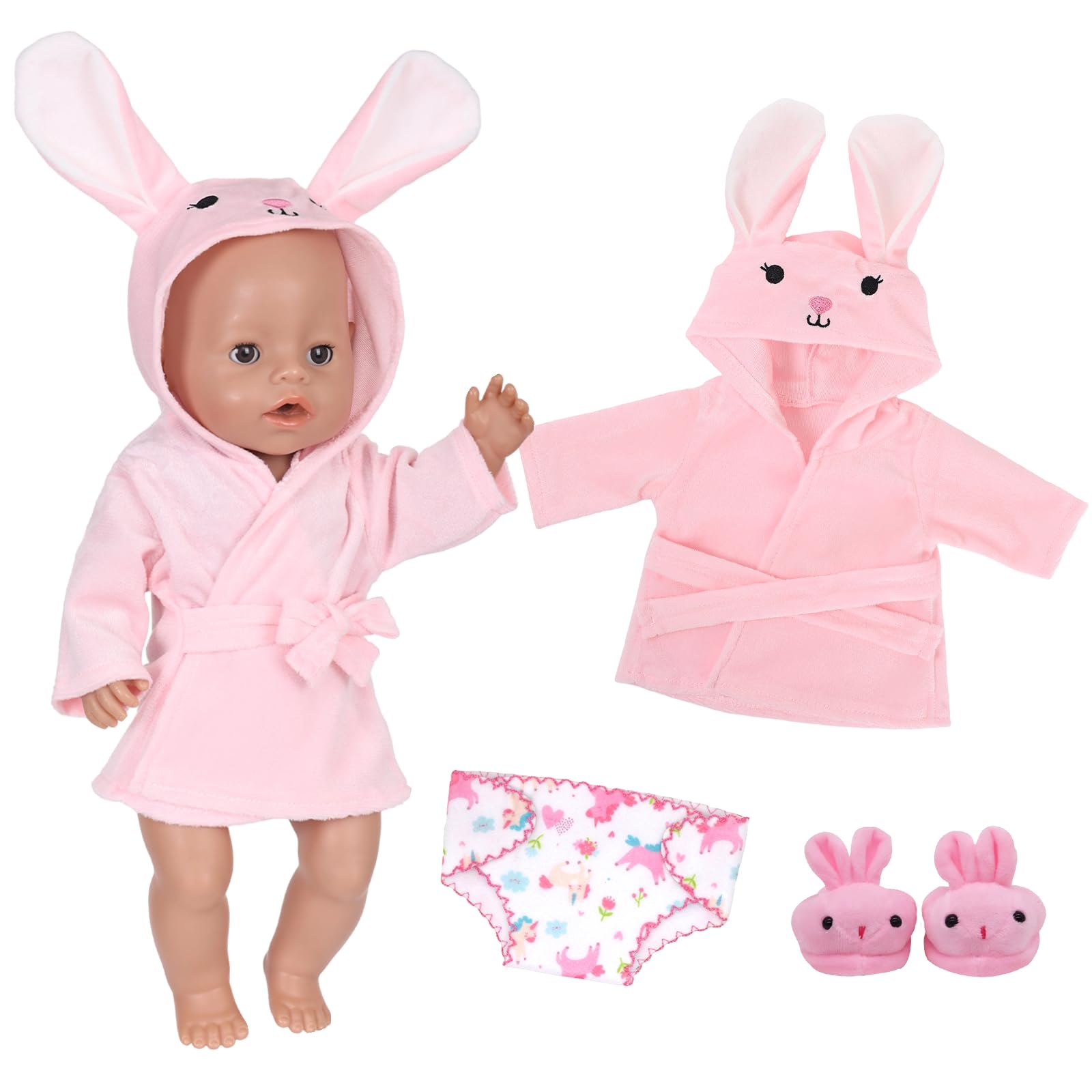 Baby Doll Clothes for 35–43 cm Baby Dolls, Cute Doll Outfits Accessories Featuring 1 Pink Rabbit Hooded Bathrobe 1 3D Rabbit Slippers 1 Nappies for 14–18 inch Newborn Baby DollsKids Birthday Gift