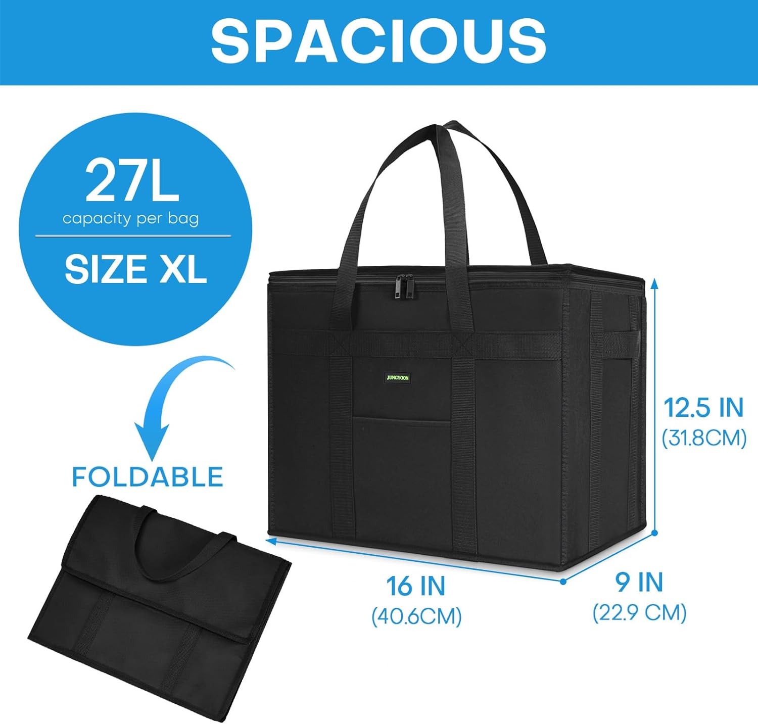 JUNGYOON Heavy-Duty Insulated Grocery Bags & Insulated Bag – Collapsible Cooler Bag with Zippered Top - Image 4