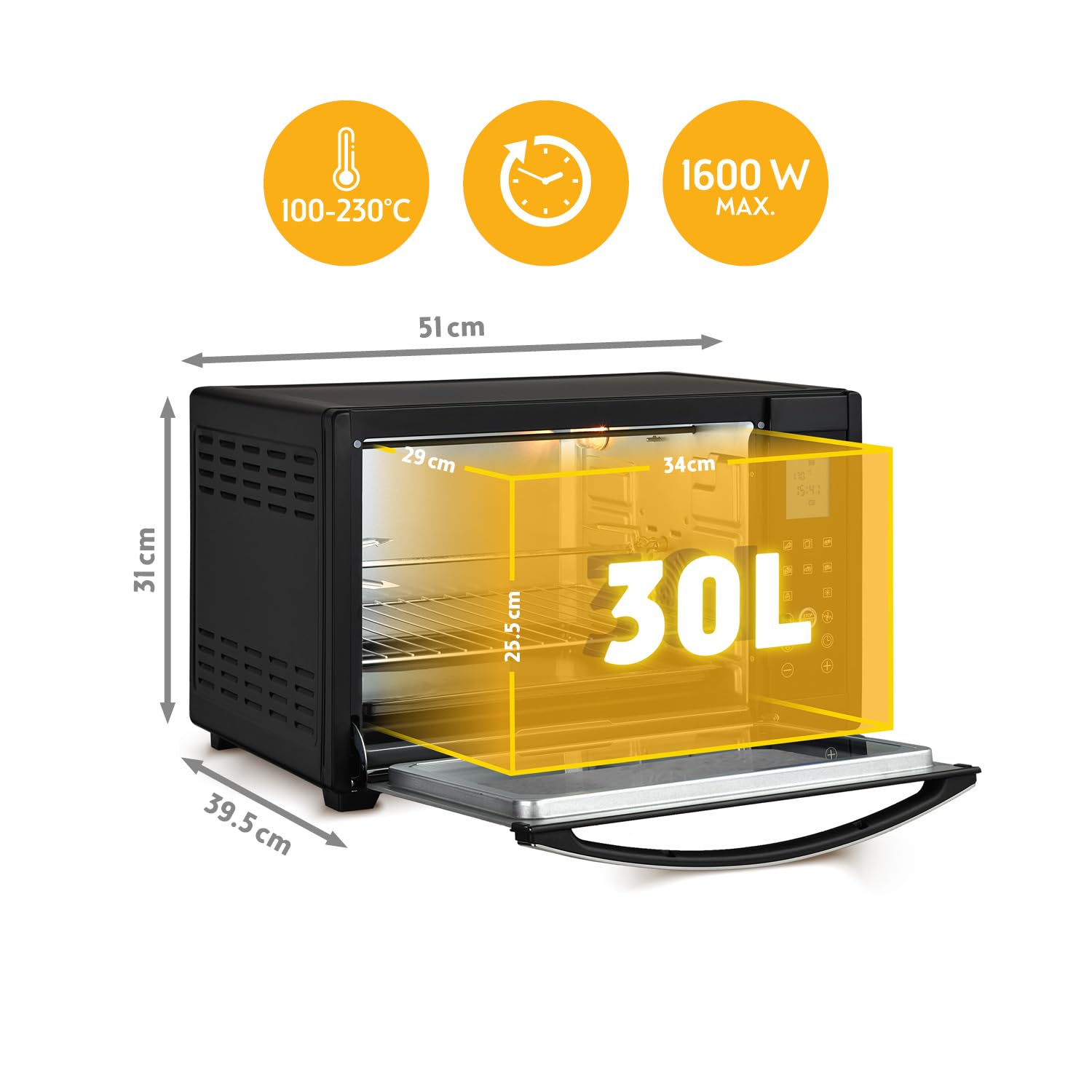 TZS First Austria - Minibackofen Digital 30L 1600W - Mini Backofen stufenlose Temperaturregelung bis 230°C - Miniofen 60 Min-Timer, 3 Einschubhöhen, Backblech & Grillrost - Für kleine Küchen & Camping