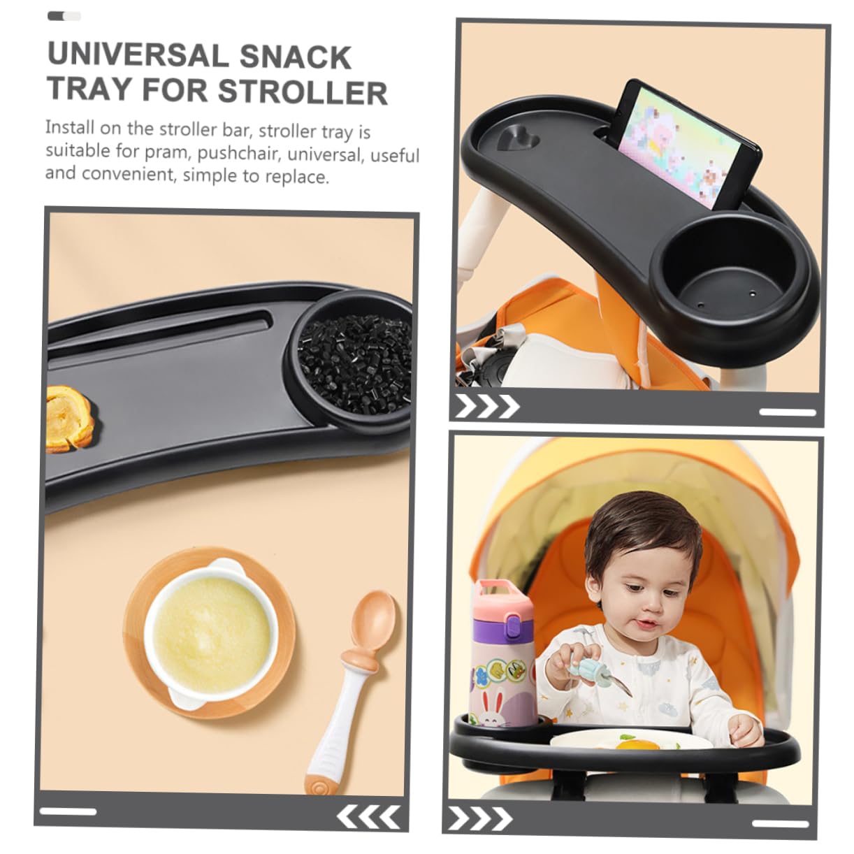Plateau de Poussette avec Porte-gobelet, en Plastique Noir pour Bébé | Installation Simple et Stable, Facile à Nettoyer, Accessoire pour Poussette et Charriot Bébé