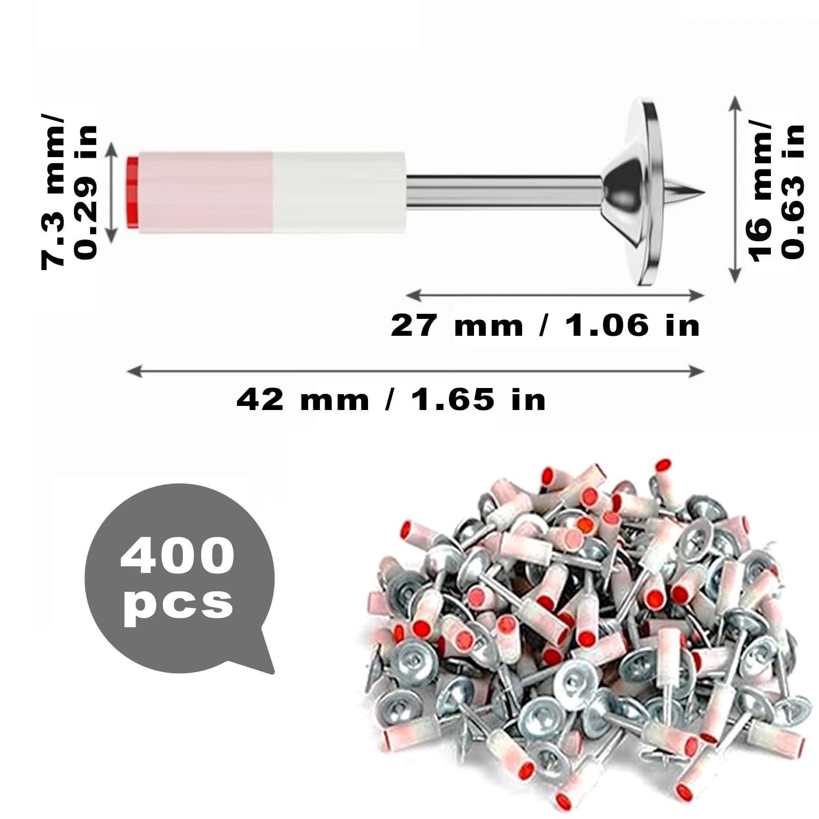 Lot de 400 Clous pour Pistolets à Ongles, 7.3 mm, Assortiment de Clous en Acier Trempé, Goujons Ronds en Béton Bitumé, Outil de Tir pour Murs en Béton, Clous de Toiture, Cloueuse à Béton