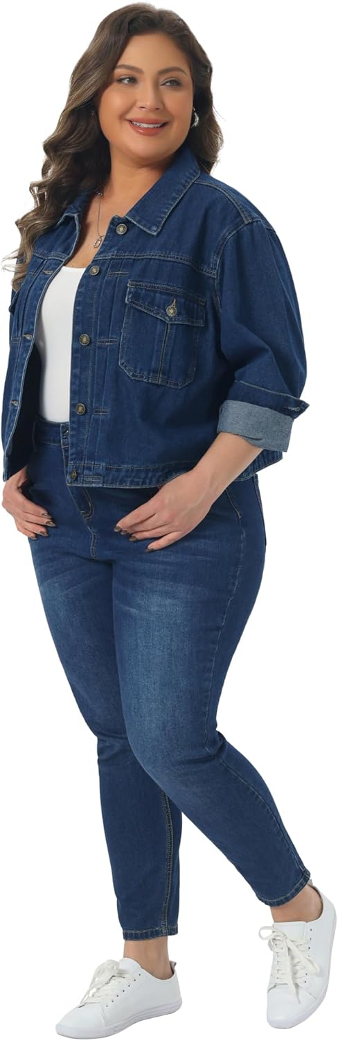 Agnes Orinda Plus Size Denim Jacket for Women Long Sleeve Button Down Western Outfit Jean Jackets with Utility Pockets