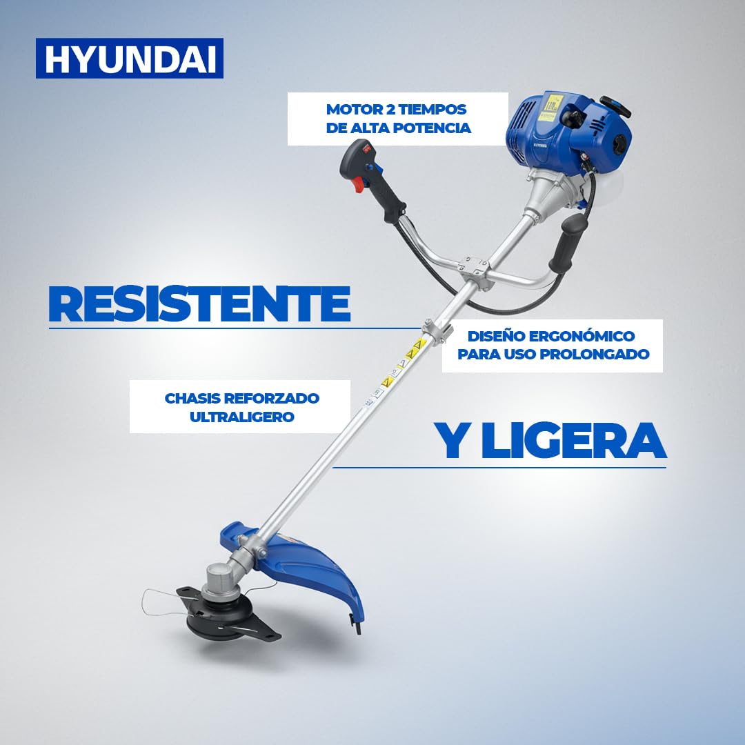 Hyundai Desbrozadora Gasolina 30cc 2 Tiempos 0,8 kW con Disco de Metal y Cabezal de Nylon - Desbrozadora Ligera de Eje Recto, Doble Manillar y Corte de hasta 420 mm