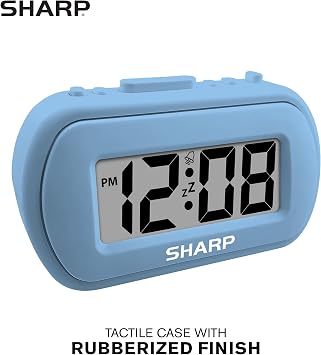 Sharp Digital Alarm Clock Tactile Case with Soft Rubberized Finish - Battery Operated Blue Backlight on Demand Ascending Alarm Easy to Use Light Blue