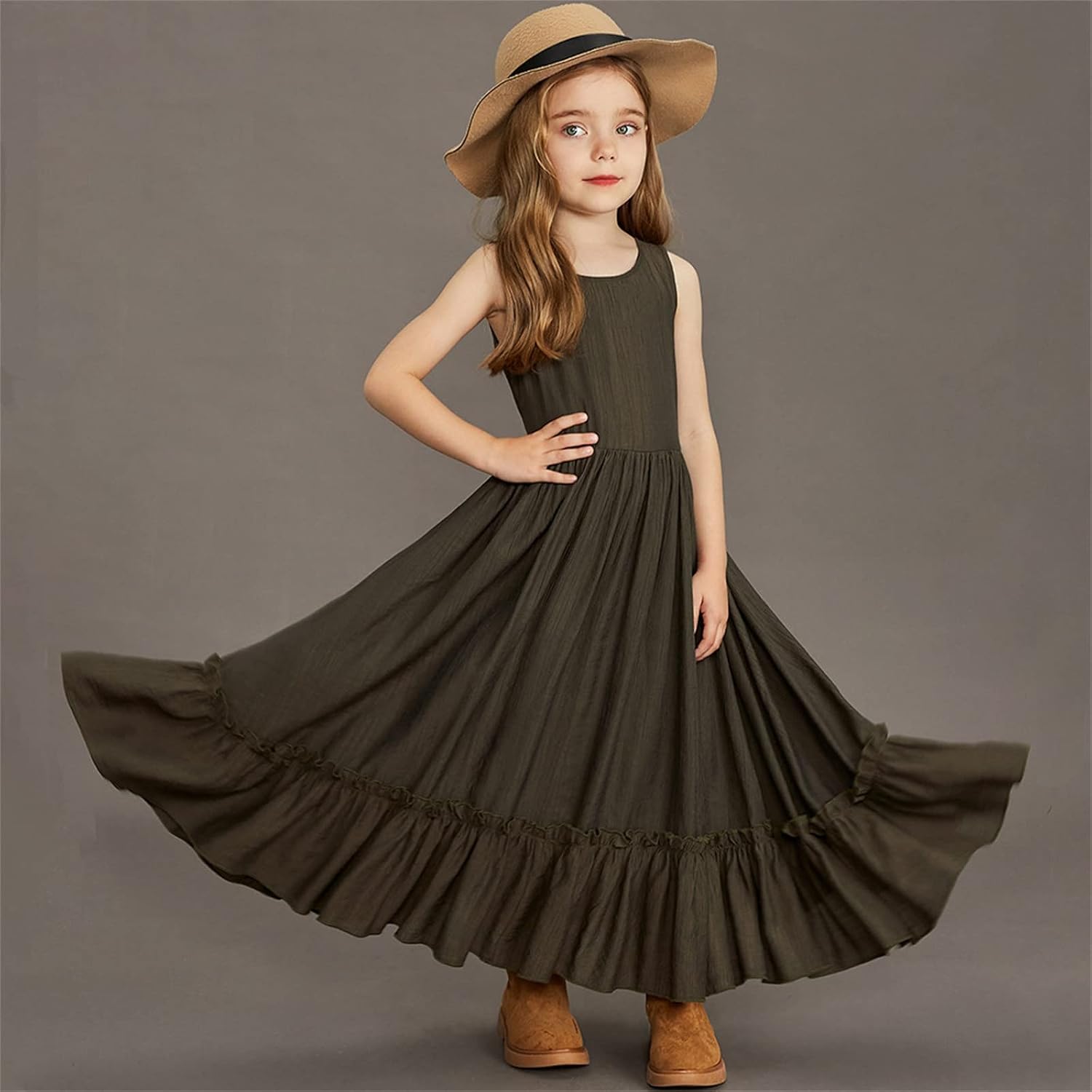 KAGAYD Girls Ruffle Sleeveless Tie Back Dresses Kids Summer Twirling Flowy Cute Sundresses Casual Beach Boho