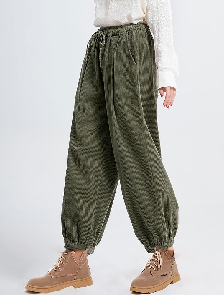 FTCayanz Pantalon Femme Velours côtelé Ample Sarouel Coton Tapered Trousers Élastiquée Taille Bloomers Pants