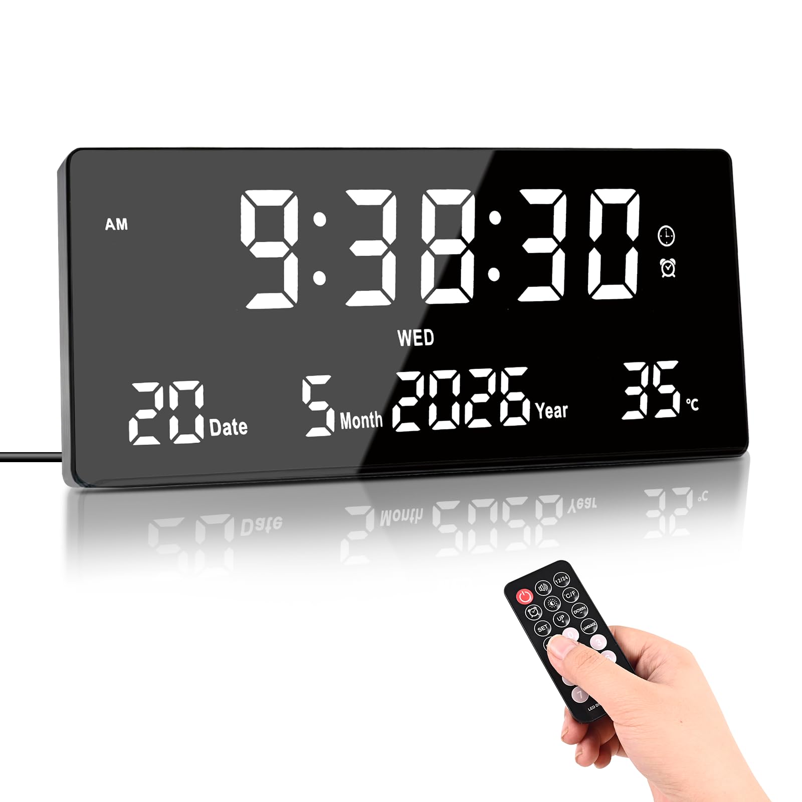 Orologio da Parete LED, 15" Grande Sveglia Digitale Telecomando | 6 Sveglie, Calendario, Temperatura, Data, Settimana, Secondi | Memoria + 3 Luminosità | Orologio da Parete e Tavolo