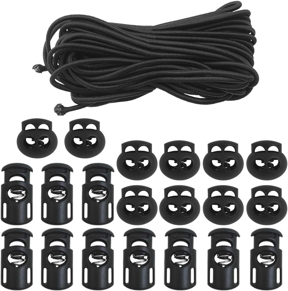 DaKuan20 PCS Plastic Cord Locks & Elastic Bungee Nylon Shock Cord 5/32" 50 ft Lengths, DaKuan 10 PCS Sing-Hole, 10 PCS Double-Hole (Black) End Spring Toggle Stopper Slider with Crafting Stretch String